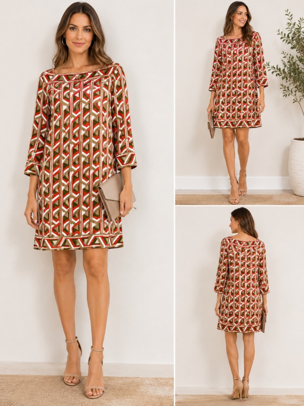Diane von Furstenberg Silk Geometric Print Shift Dress 3/4 Sleeve Size 10